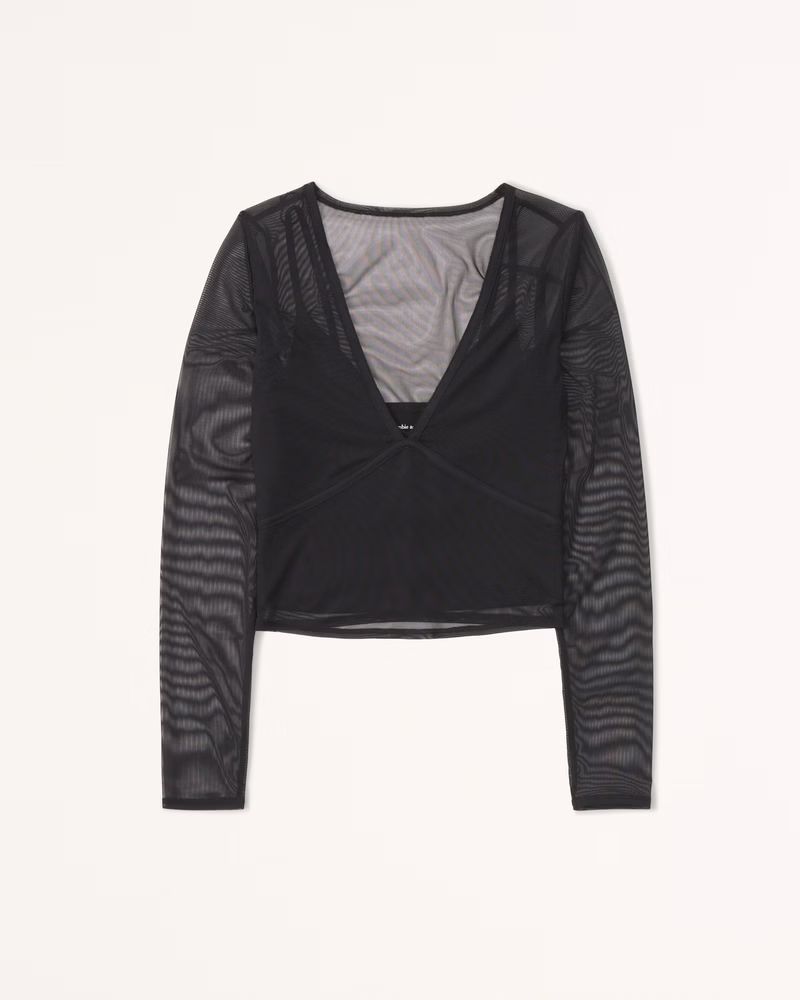 Long-Sleeve V-Neck Mesh Top | Abercrombie & Fitch (US)