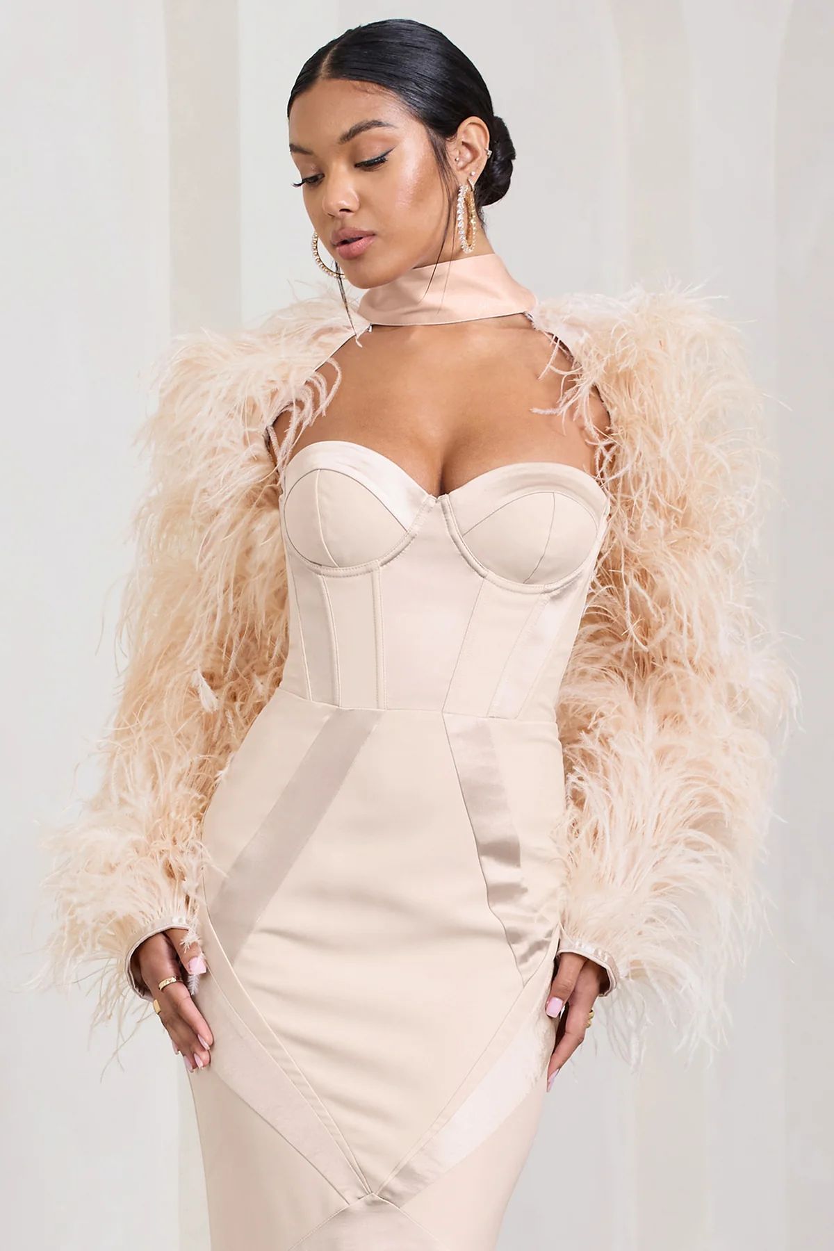 Wild | Champagne Satin Jacket With Long Feather Sleeves | Club L London