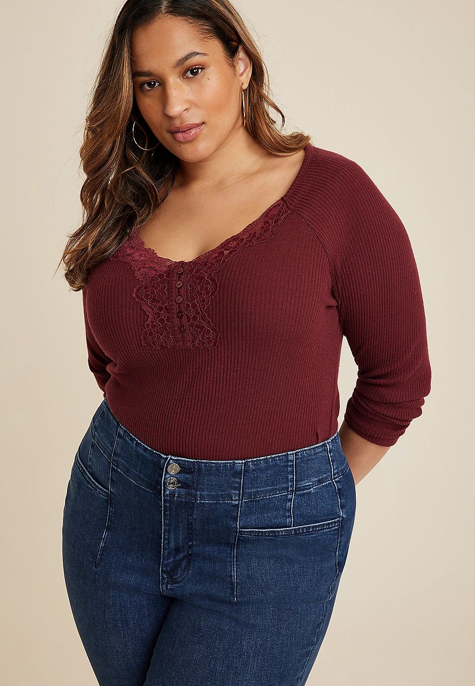Plus Size Heartland Lace Trim Henley Tee | Maurices
