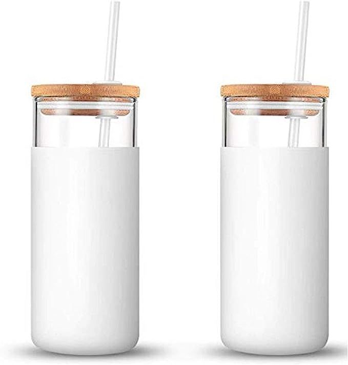 tronco 20oz Glass Tumbler Straw Silicone Protective Sleeve Bamboo Lid - BPA Free(White/2-Pack) | Amazon (US)