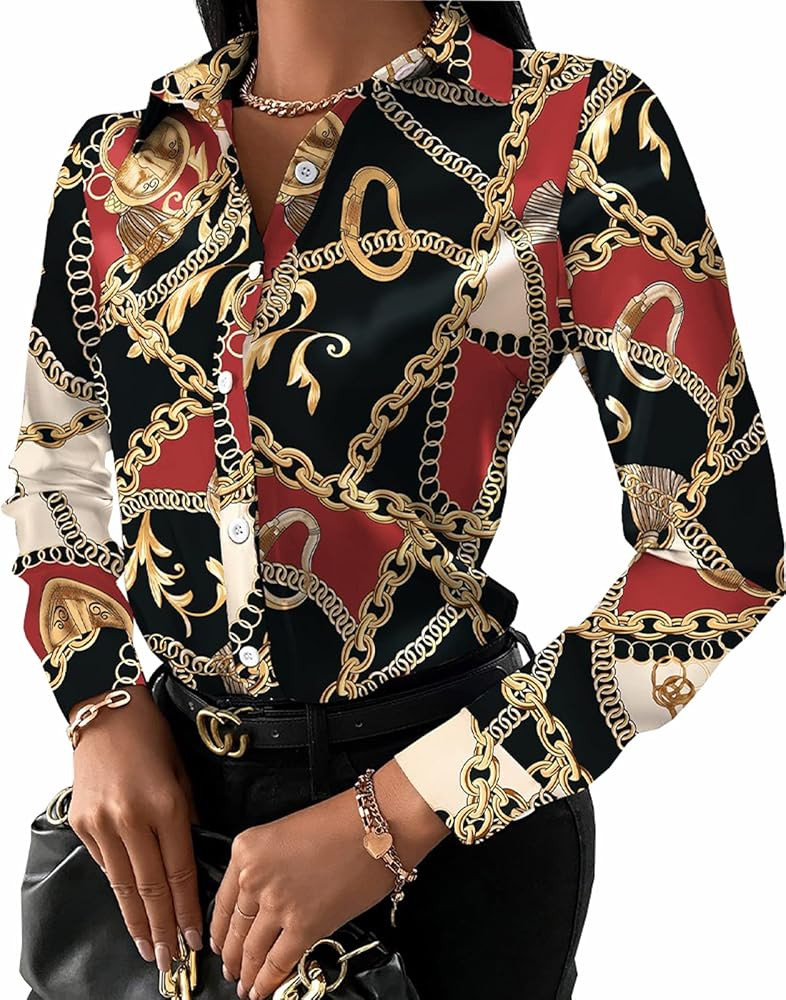 Buchona Outfits for Women Collar Blouses Button Down Shirts Colorful Long Sleeve Floral Print Top... | Amazon (US)