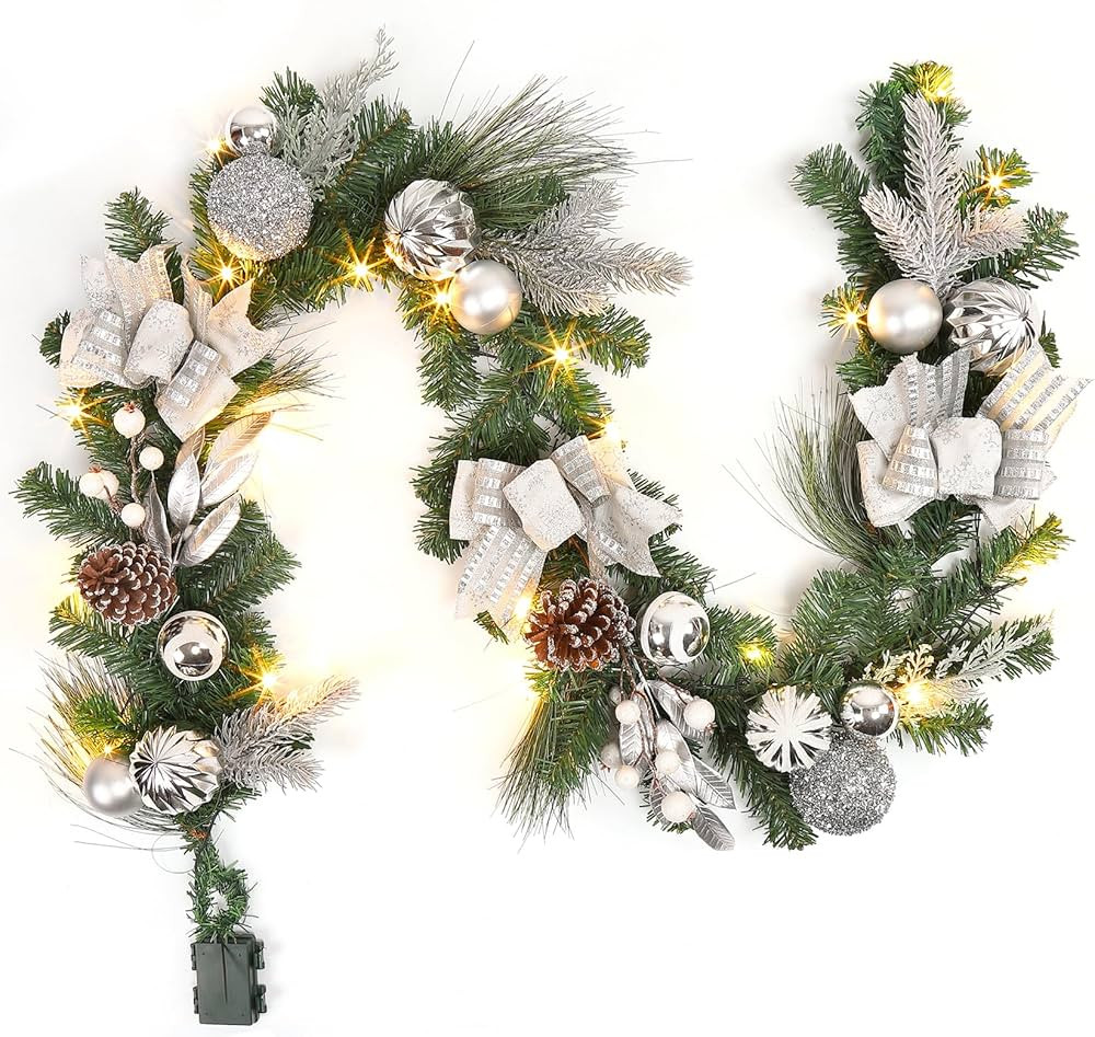 6FT Christmas Garland with Lights, Silver Prelit Christmas Garland with 20 LED Lights, Pinecones,... | Amazon (US)