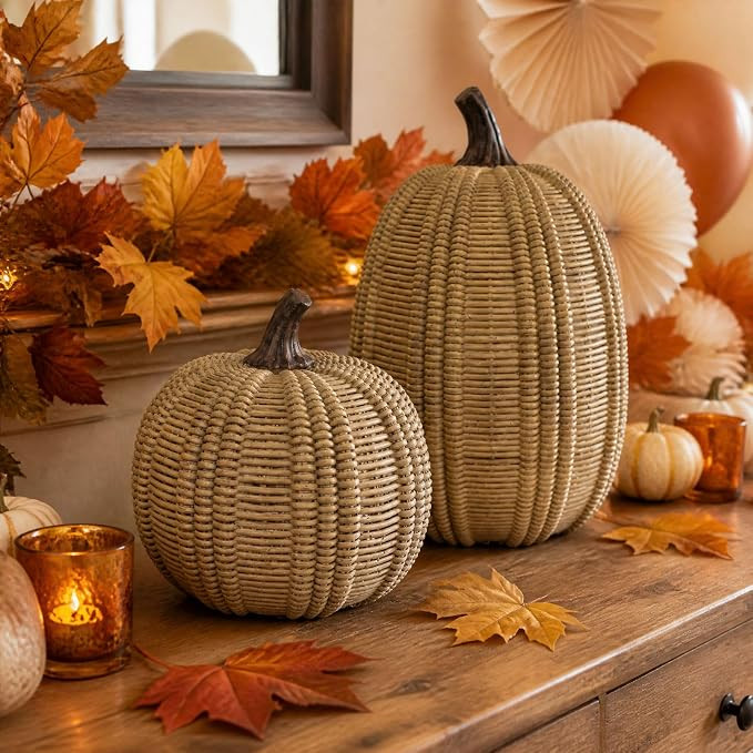 Whaline Fall Thanksgiving Pumpkin Decoration 2Pcs Artificial Rattan Resin Pumpkins Fake Pumpkin F... | Amazon (US)