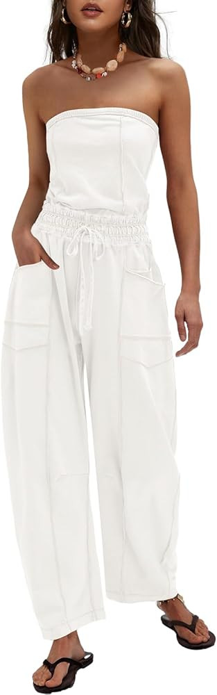 LAMISSCHE Womens Casual Strapless Jumpsuits off the Shoulder Summer Rompers Sleeveless One Piece ... | Amazon (US)