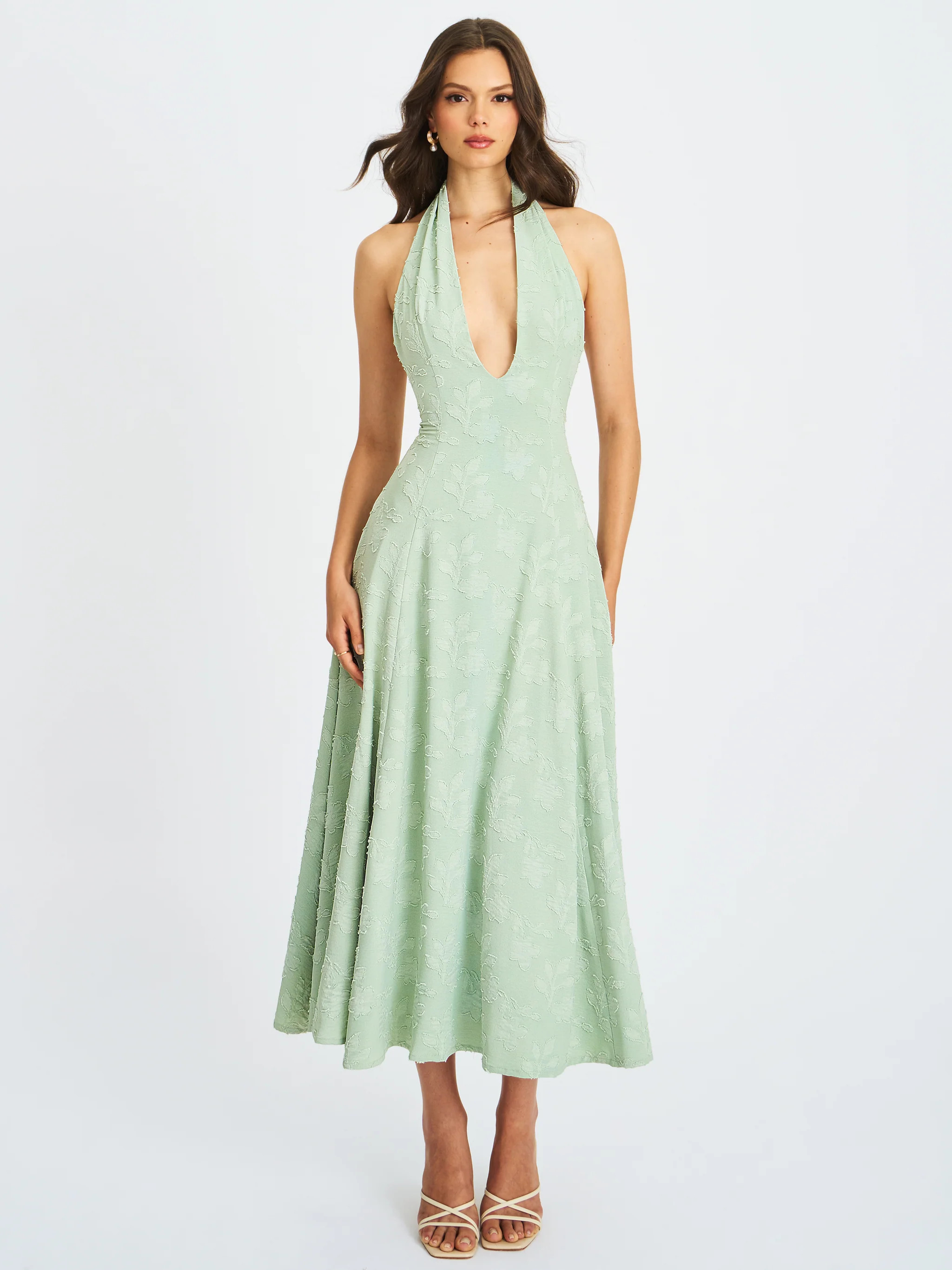 Magda Mint Green Deep V Neck Halter A-line Midi Dress | Miss Circle
