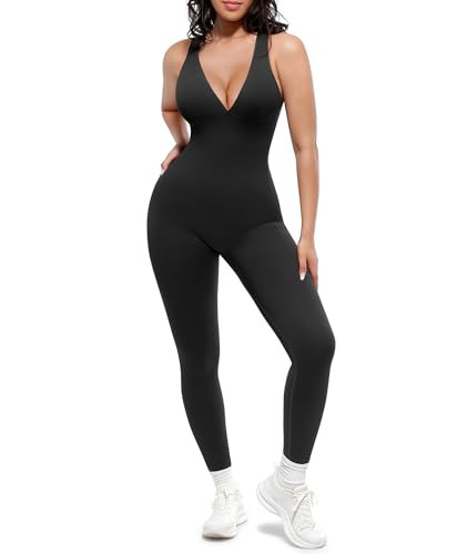 SHAPELLX Black One Piece Compression Jumpsuits for Women Yoga Gym Full Body Suit Ribbed Bodycon Pants Romper (Black Medium) | Amazon (US)
