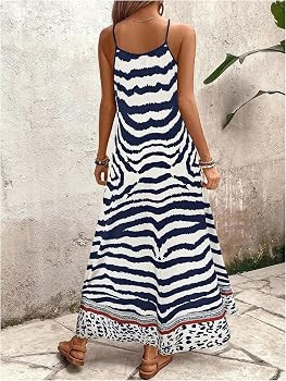 OYOANGLE Women's Summer Zebra Print Spaghetti Strap Maxi Dress Sleeveless Spring Casual Boho Beac... | Amazon (US)