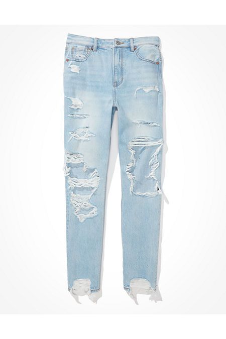 AE Ripped Mom Jean Women's Blown Out Blue 4 X-Long | American Eagle Outfitters (US & CA)