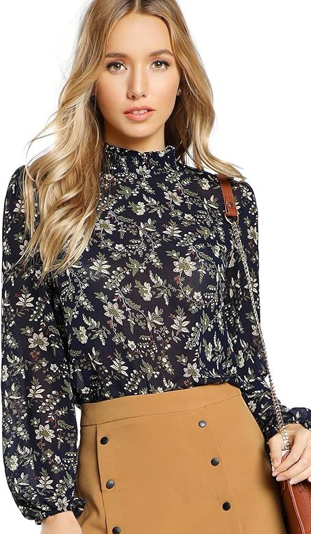 Women's Floral Print High Neck Puff Long Sleeve Chiffon Blouse | Amazon (US)