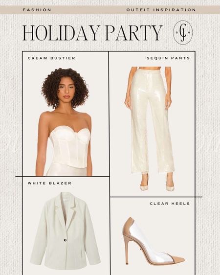 Cella Jane outfit inspiration for all your holiday parties and gatherings. White strapless top, sequin pants, white blazer, clear pumps. Holiday style. Party style  

#LTKHoliday #LTKstyletip