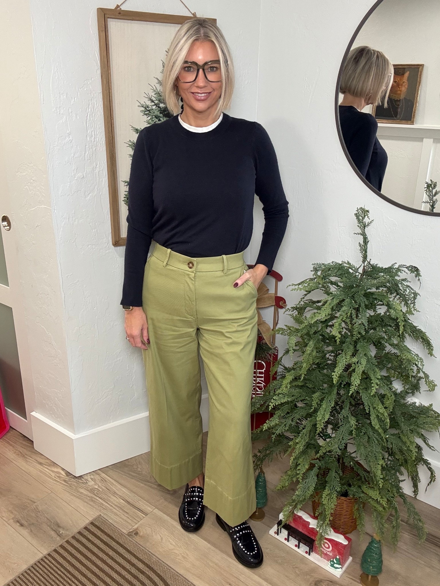 I’m loving this green and navy combo! It’s my second time pairing them this week. 

My lightweight sweater is from Walmart. I’m wearing a large. I have a white tank underneath for that elevated casual look. 

My pants are from Spanx. I’m wearing a medium in the wide leg cropped. 

My loafers are from Walmart. 

Workwear, office style, office attire, 

#LTKWorkwear #LTKStyleTip #LTKFindsUnder50