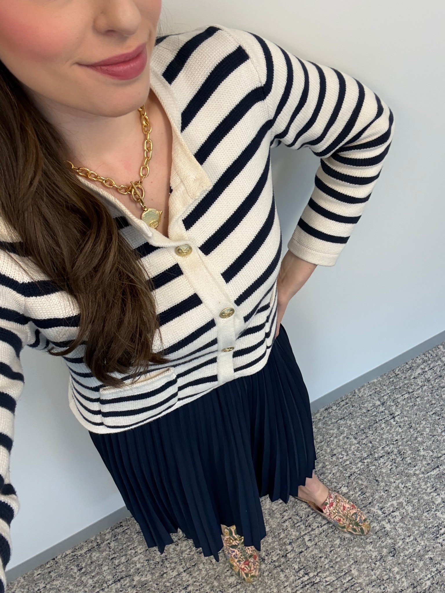Workwear, office style, office outfit, business casual, lawyer, attorney, spring workwear, spring office style, spring office outfit. Neutral work outfit, pleated skirt, lady jacket, striped lady jacket, striped cardigan, gold necklace, coin necklace, pink mules, pink loafers 

#LTKSeasonal #LTKTall #LTKWorkwear