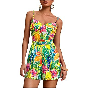 Floerns Women's Tropical Print Cami Rompers Sleeveless Boho Shorts Jumpsuit | Amazon (US)