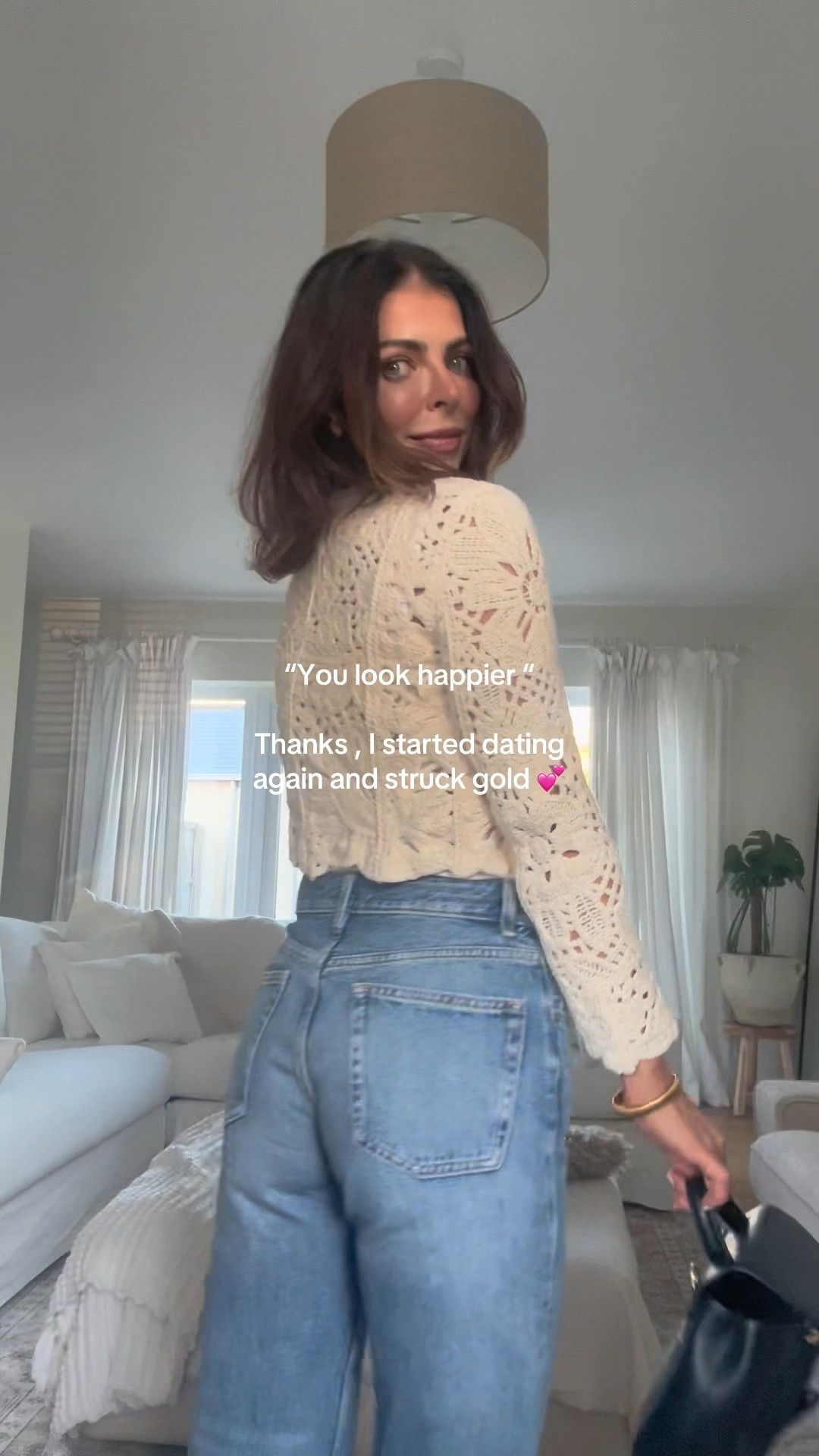 Crochet cardigan 
Straight jeans 
Basic bodysuit 
Polene bag 
Ballet flats 
Apple Watch strap 

#LTKdatenight #LTKuk #LTKeurope