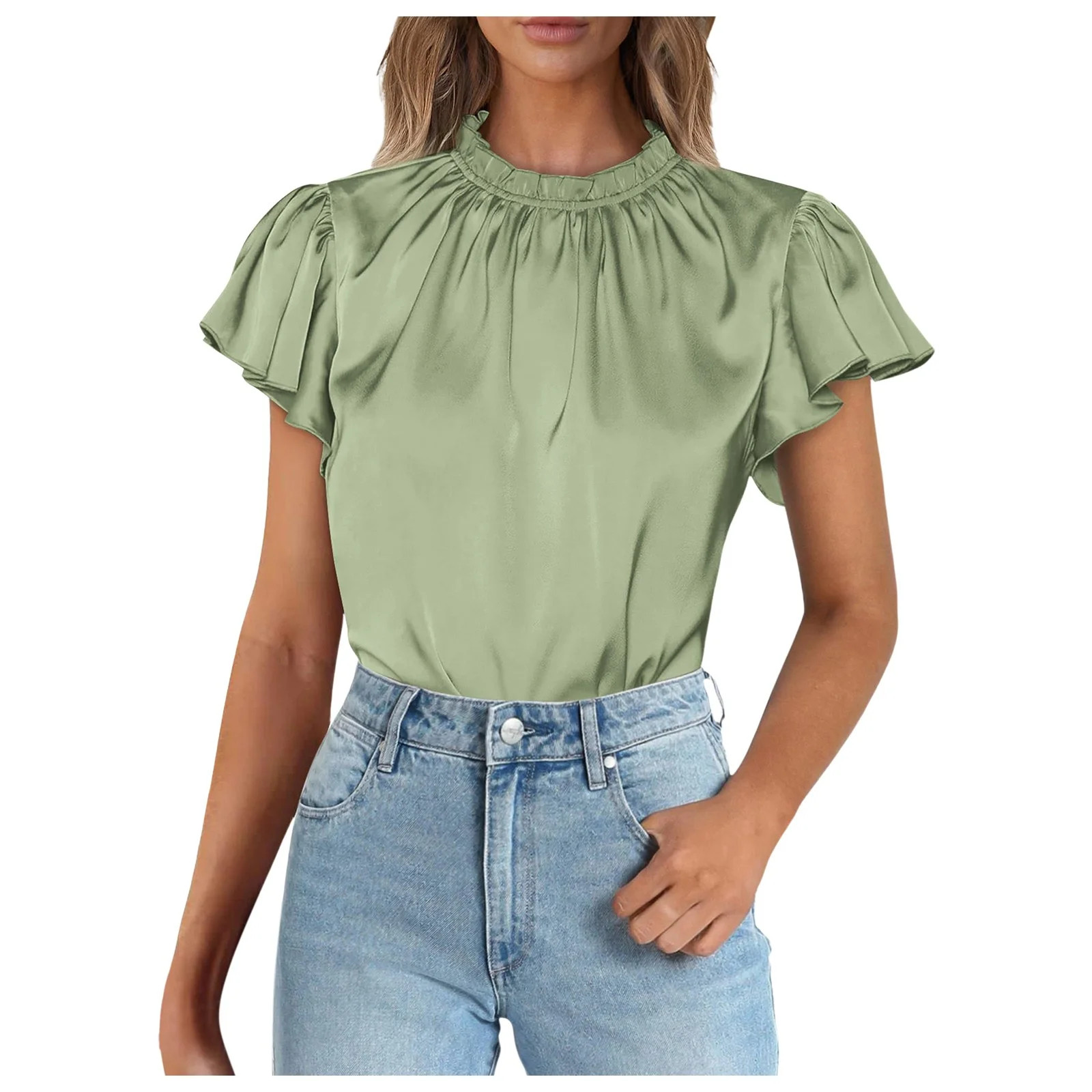 OJSFQUFP Cute Womens Shirts Womens Satin Casual Ruffle Short Sleeve Crewneck Tops Casual Summer T... | Walmart (US)