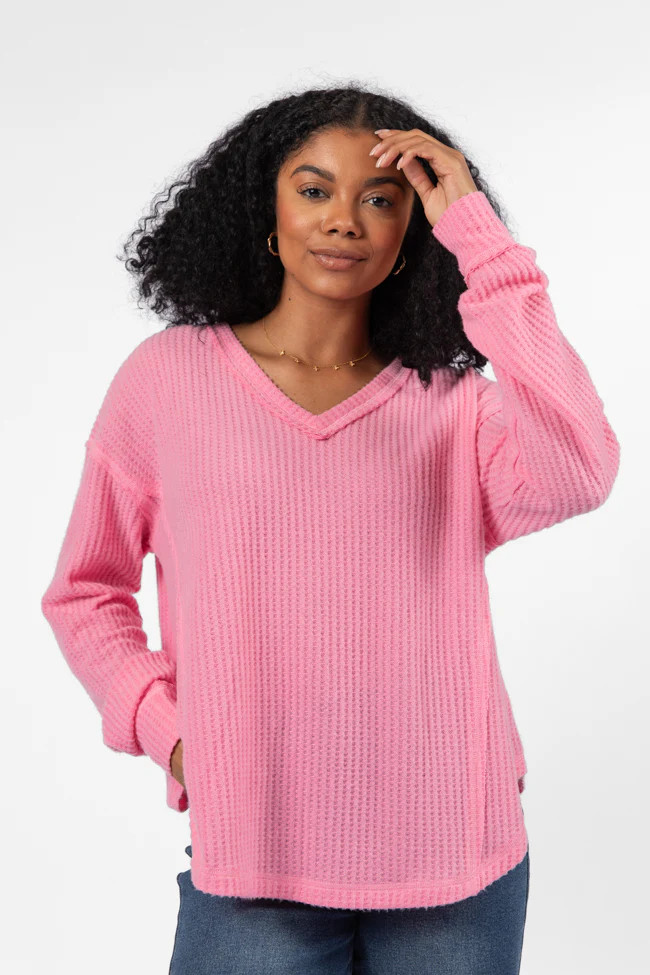 Idle Hands Pink Waffle Knit V-Neck Oversized Knit Top | Pink Lily