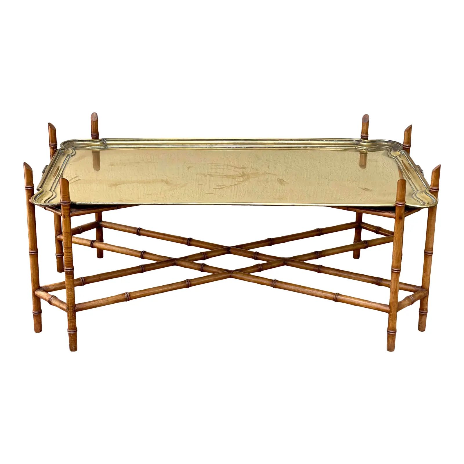 Heavy Brass and Faux Bamboo Wood Coffee Table | Chairish