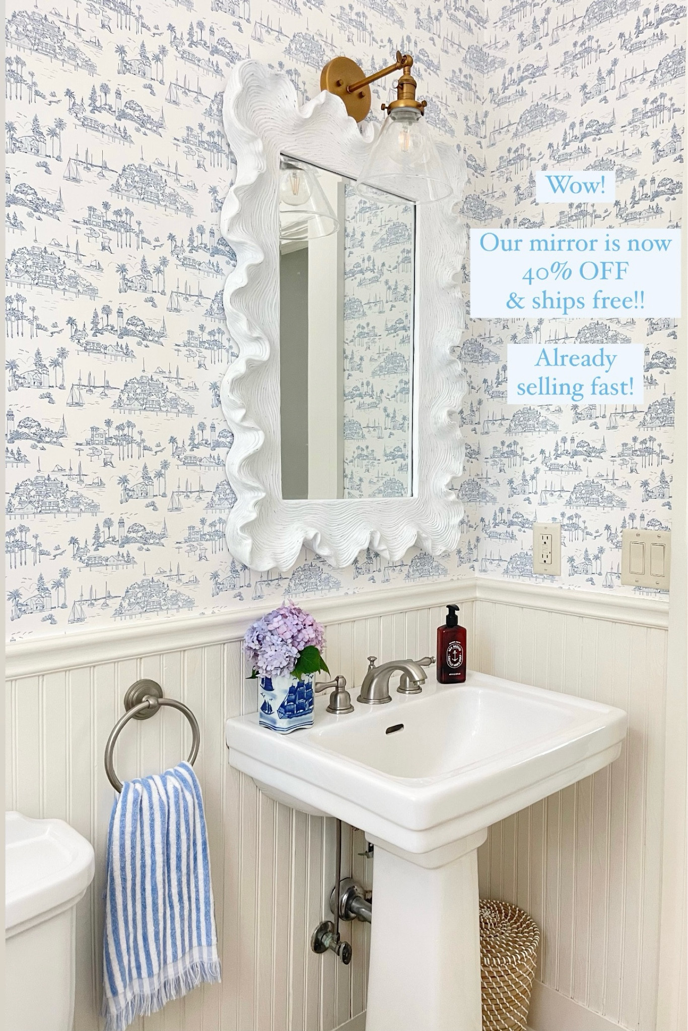 Major labor day sale!! Score our best selling white scalloped mirror now 40% OFF & free shipping!! 🤯🙌🏻✨ This is the lowest I’ve ever seen it!! Definitely a high sellout risk! 

Also linked the round version that’s also on major sale, and our wallpaper!

Hand Towel was a HomeGoods find, blue & white vase was a thrift find! Soap from Trader Joe’s ⚓️

#LTKHome #LTKSaleAlert #LTKFallSale