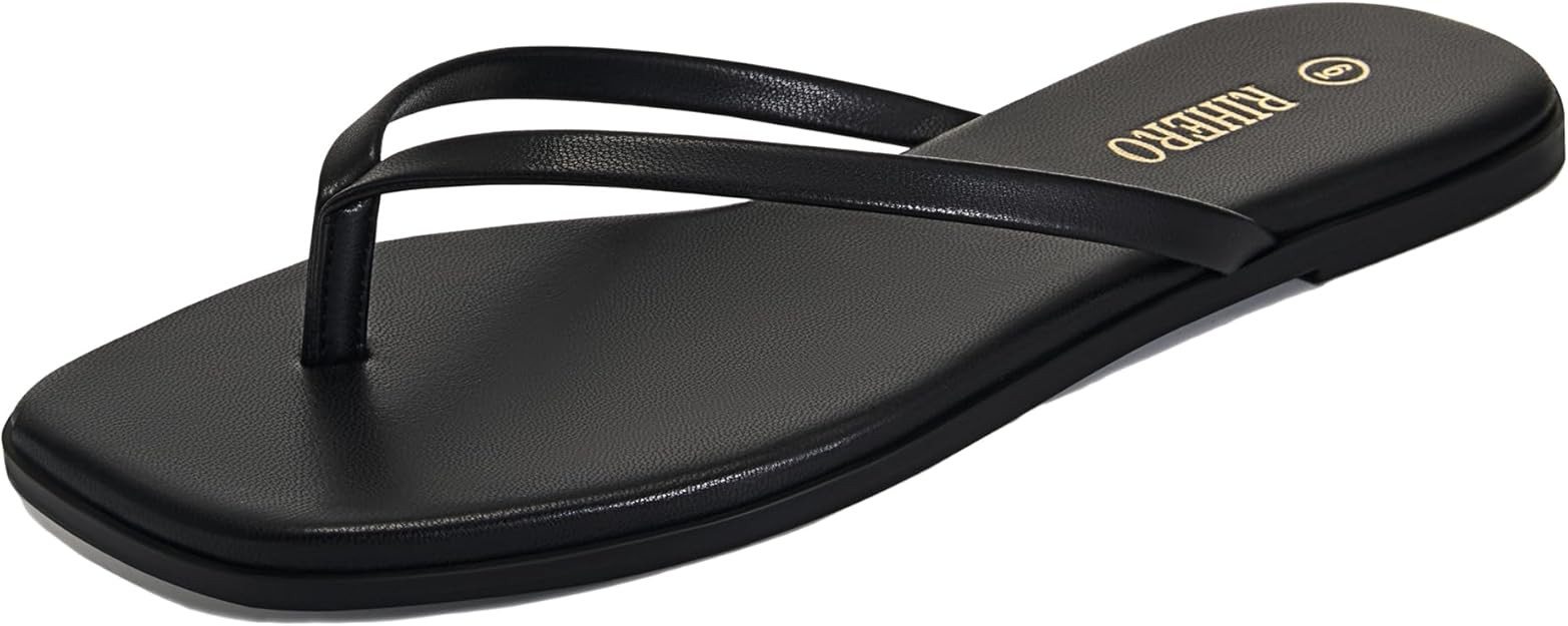 Rihero Flip Flops for Women Comfortable Square Toe Beach Sandals Slip On Leather Thong Flat Sanda... | Amazon (US)