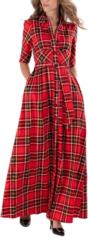 Christmas Plaid Maxi Dress with Belt for Women Half Sleeve A Line Flowy Dress Collared Checker Sh... | Amazon (US)