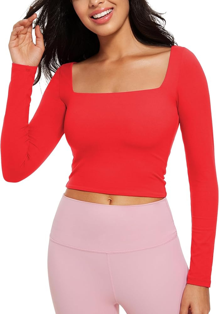 CRZ YOGA Womens Butterluxe Double Lined Long Sleeve Crop Top Square Neck Workout Athletic Casual ... | Amazon (US)