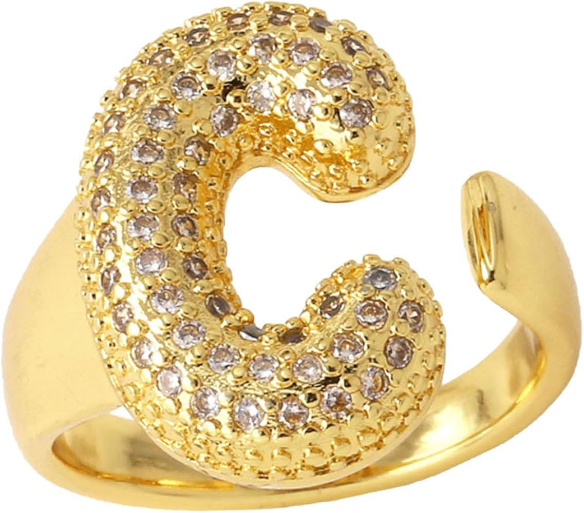 Initial Rings for Women, Bubble Letter Initial Balloon Ring Adjustable Charm Rings Open 14K Chunk... | Amazon (US)