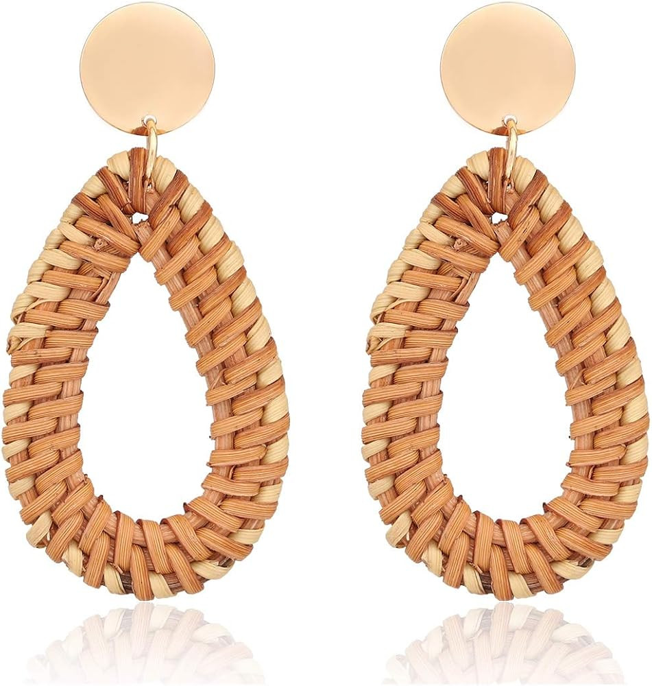 CEALXHENY Rattan Earrings for Women Handmade Straw Wicker Braid Drop Dangle Earrings Lightweight Geo | Amazon (US)