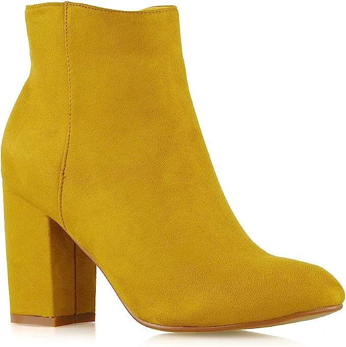 Essex Glam Womens Casual Block Mid High Heel Smart Ankle Boots (8 B(M) US, MUSTARD FAUX SUEDE) | Amazon (US)