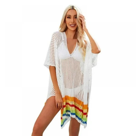 Women s Crochet Hollow Out Beach Bikini Cover Up Colorful V Neck Drop Shoulder Short Sleeve Loose To | Walmart (US)