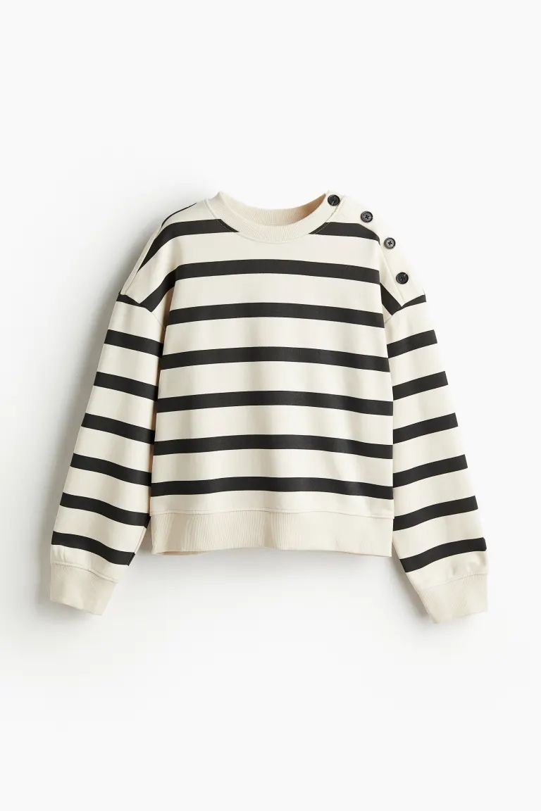Button-detail Sweatshirt - Cream/black striped - Ladies | H&M US | H&M (US + CA)