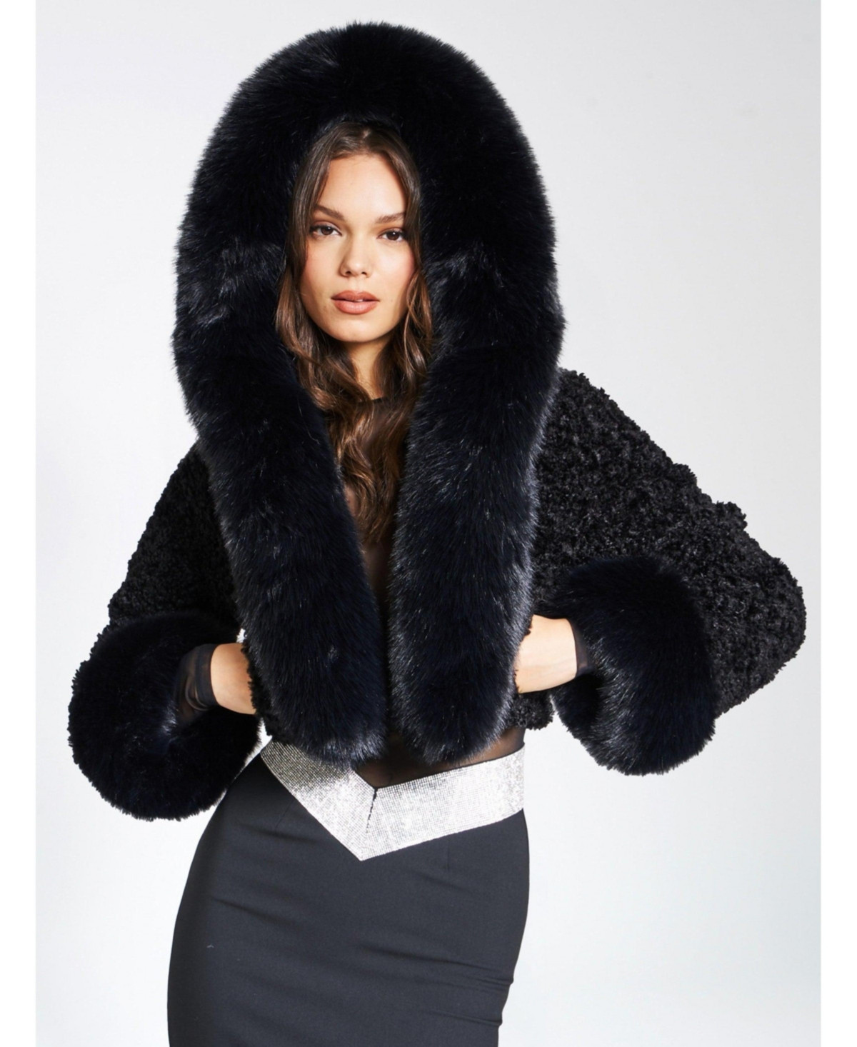 Miss Circle Women's Kali Black Cropped Faux Fur Jacket With Hood - Black | Macy's
