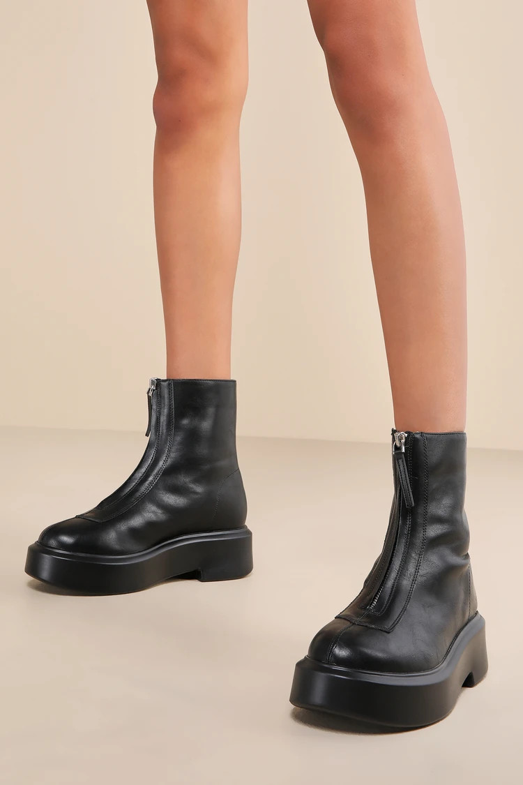 Sachiye Black Zip-Front Platform Ankles Booties | Lulus (US)