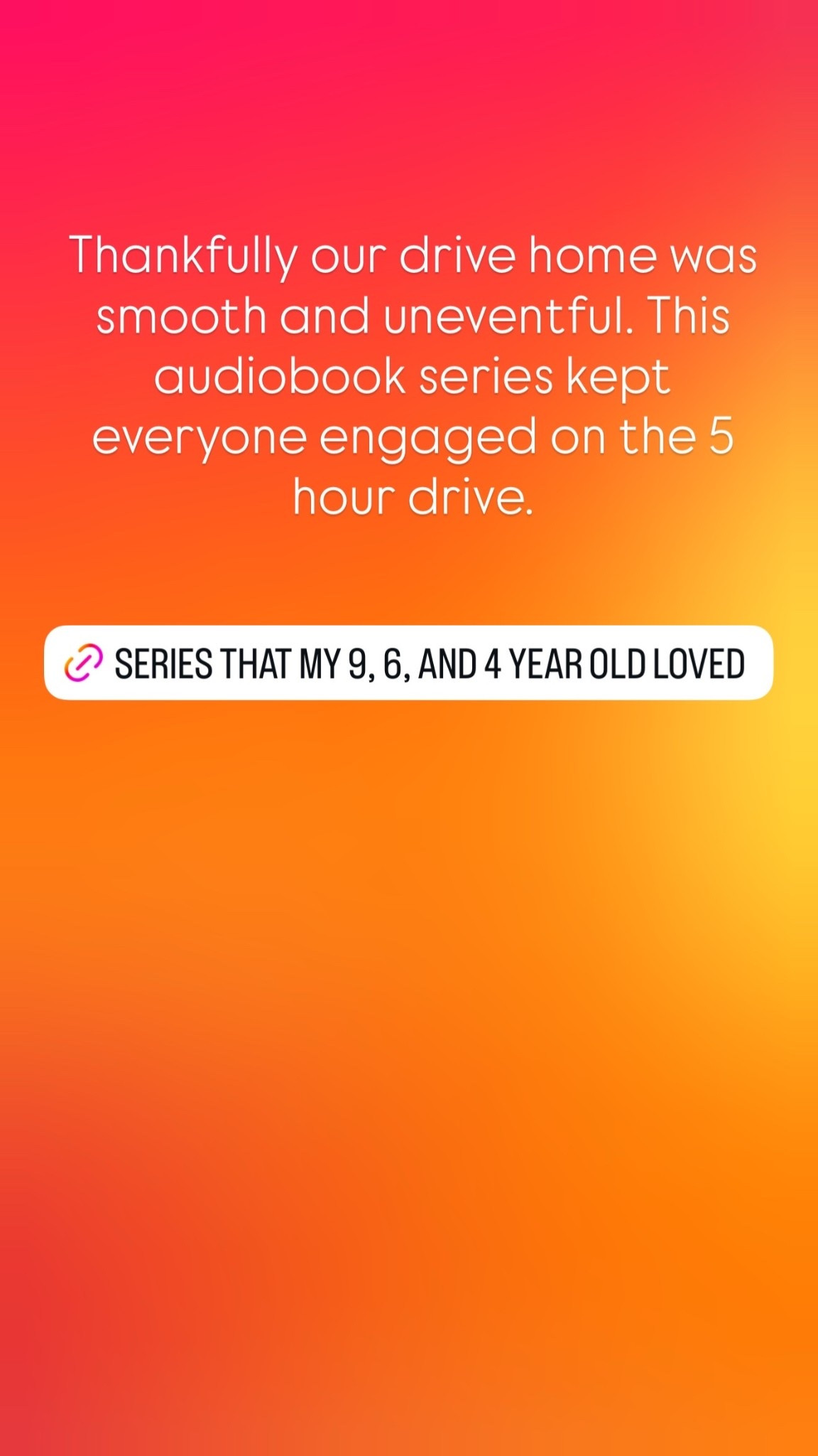Thankfully our drive home was smooth and uneventful. This audiobook series kept everyone engaged on the 5 hour drive.

After a week full of 🤢 and 💩 over spring break, I’m grateful my solo drive home with the boys was smooth! They have all fallen in love with this audiobook series and continue to ask for it every time we are in the car!

#LTKKids #LTKTravel #LTKmomlife