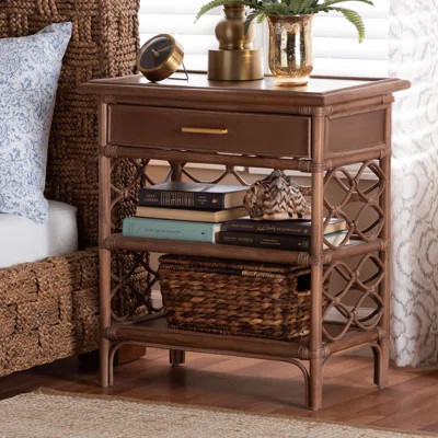 Bali & Pari Akane Natural Rattan Nightstand With Drawer And Open Shelves – Coastal Bedside Table With Lattice Design | Wayfair North America