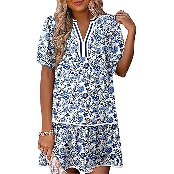 Dokotoo Women's Summer Dress Short Puff Sleeve V Neck Boho Floral Mini Casual Dresses with Pocket... | Amazon (US)