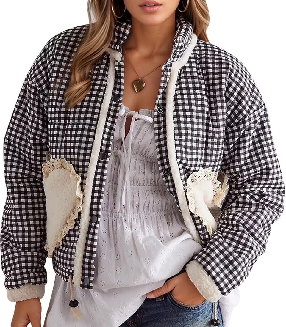 YKR Womens Cropped Quilted Puffer Jacket Floral Gingham Printed Padded Coat Button Down Lightweig... | Amazon (US)