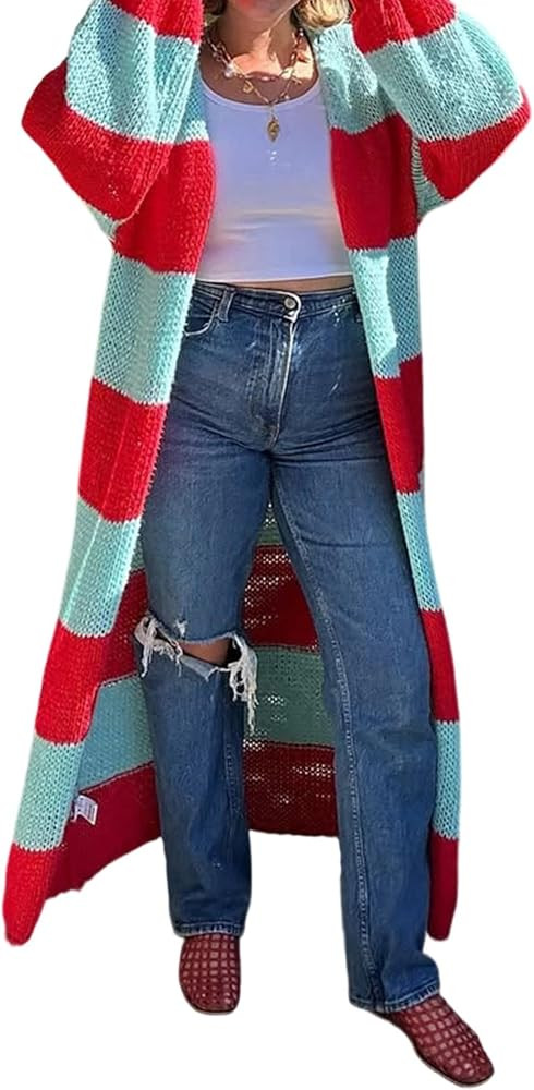 Famnbro Womens Long Cardigan Sweaters Striped Color Block Long Sleeve Open Front Duster Chunky Co... | Amazon (US)