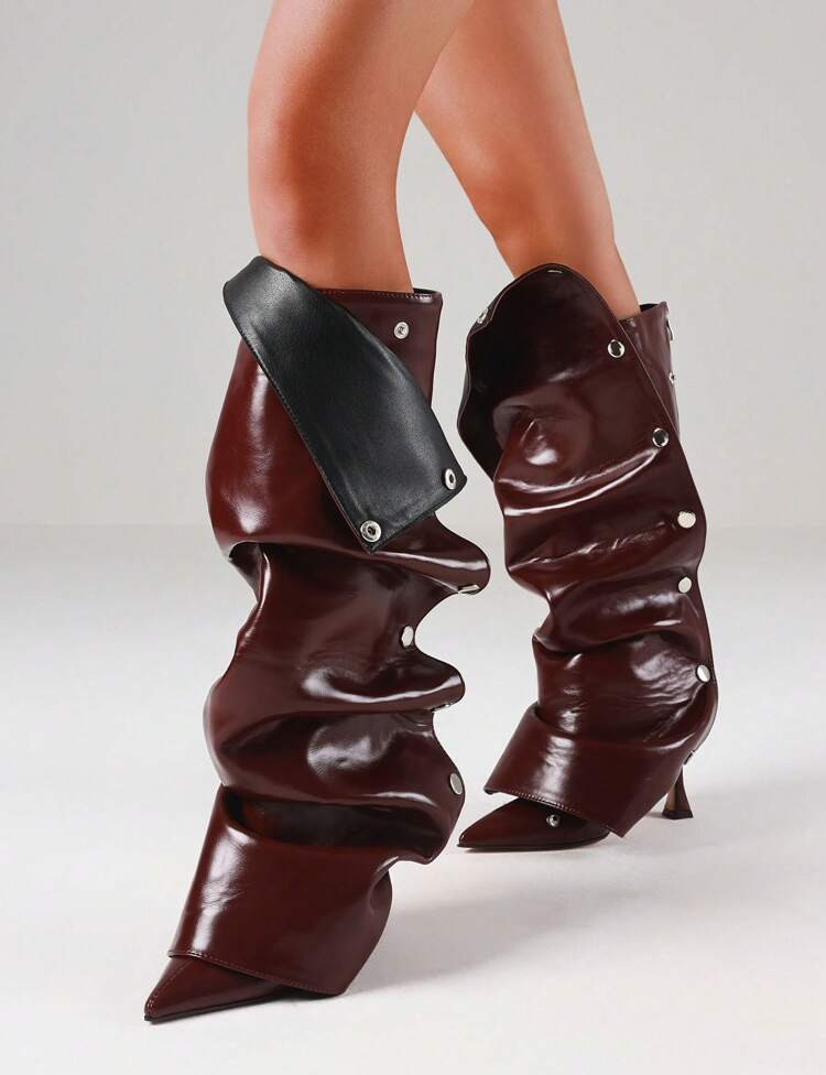 Women's Knee High Boots Stiletto Boots Pointed Toe High Heels Wide Calf Ruched Slouchy Boots Deta... | SHEIN