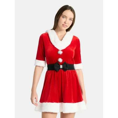 No Boundaries Christmas Santa Dress with Hood and Faux Fur, Women’s | Walmart (US)