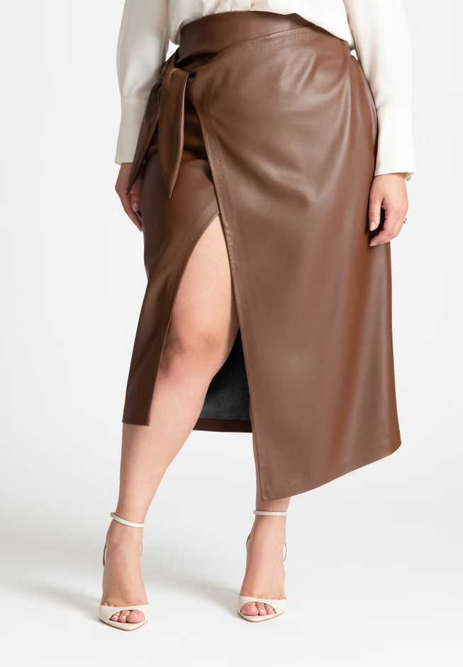 Wrap Front Faux Leather Midi Skirt | Eloquii