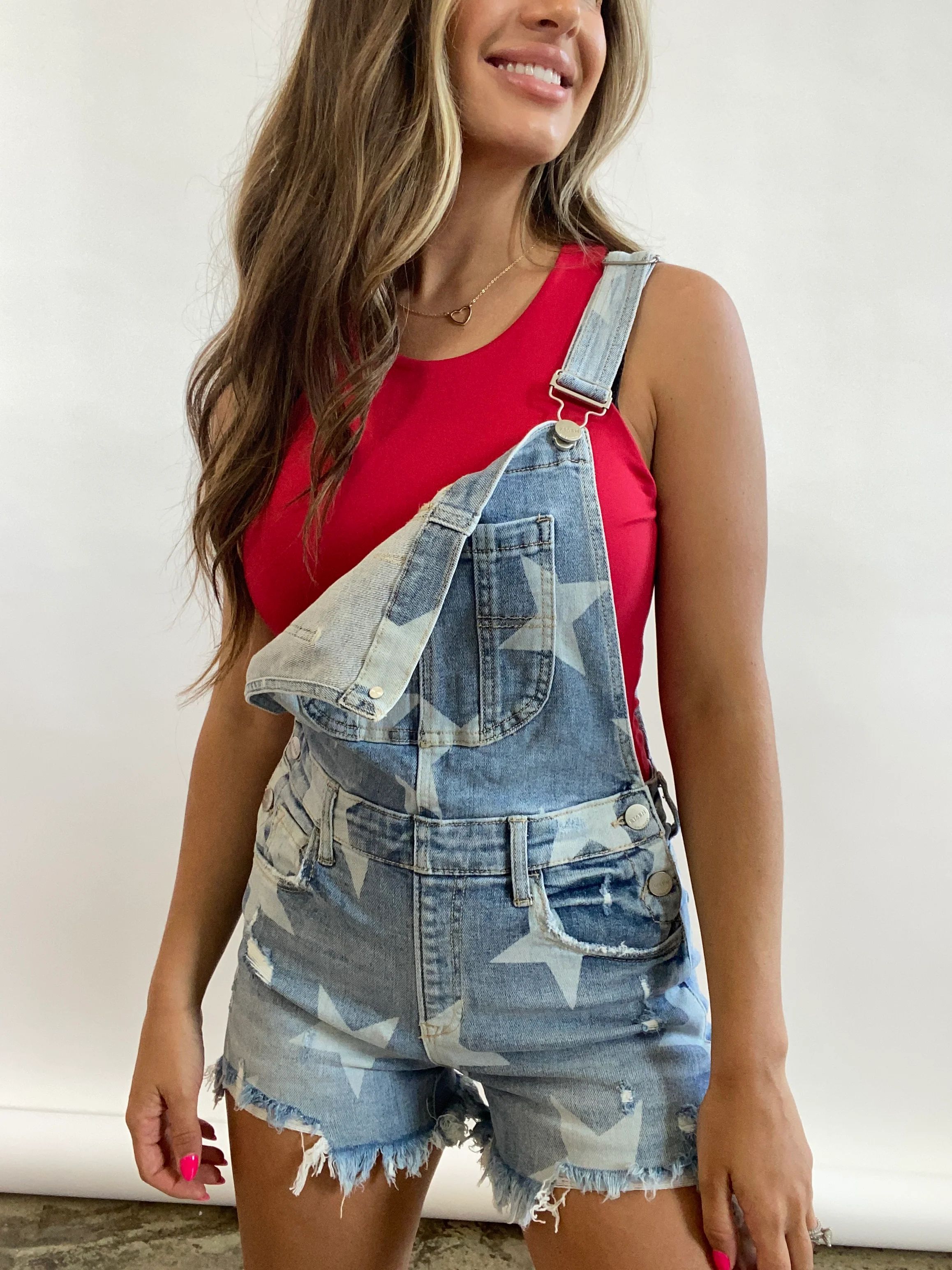 On Trend Distressed Denim Overalls- Star Print | Willow Boutique