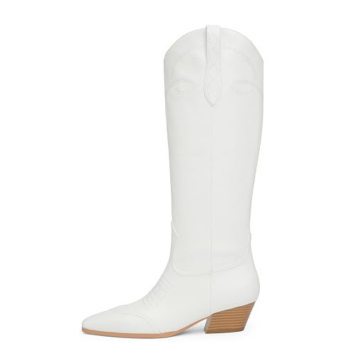 VIUGJNEX White Cowboy Boots for Women Chunky Heel Embroidery Cowgirl Boots Block Heel Square Toe Knee High Western Boot Size 9.5 | Amazon (US)