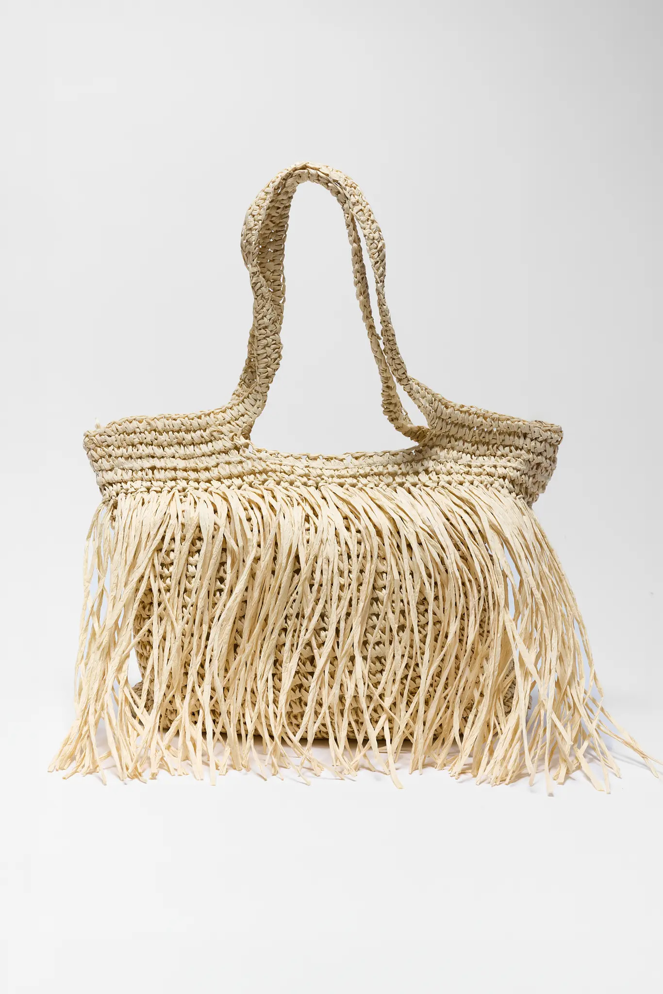 Tan Raffia Woven Fringe Tote | Avara