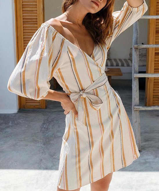 Billabong Women's Casual Dresses WCP_WHITE - White & Yellow Stripe Off-Shoulder Best Dressed A-Line  | Zulily