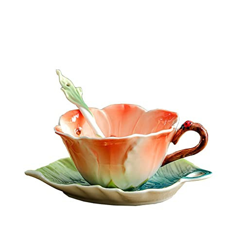 Tea Cups and Saucers (Pink - 6 oz), Floral Cup and Saucer Set with Spoon, Vintage Tea Cups, Porcelain Tea Set, Tea Sets for Women, Cappuccino Cup for Wedding Party Home Afternoon Tea | Amazon (US)