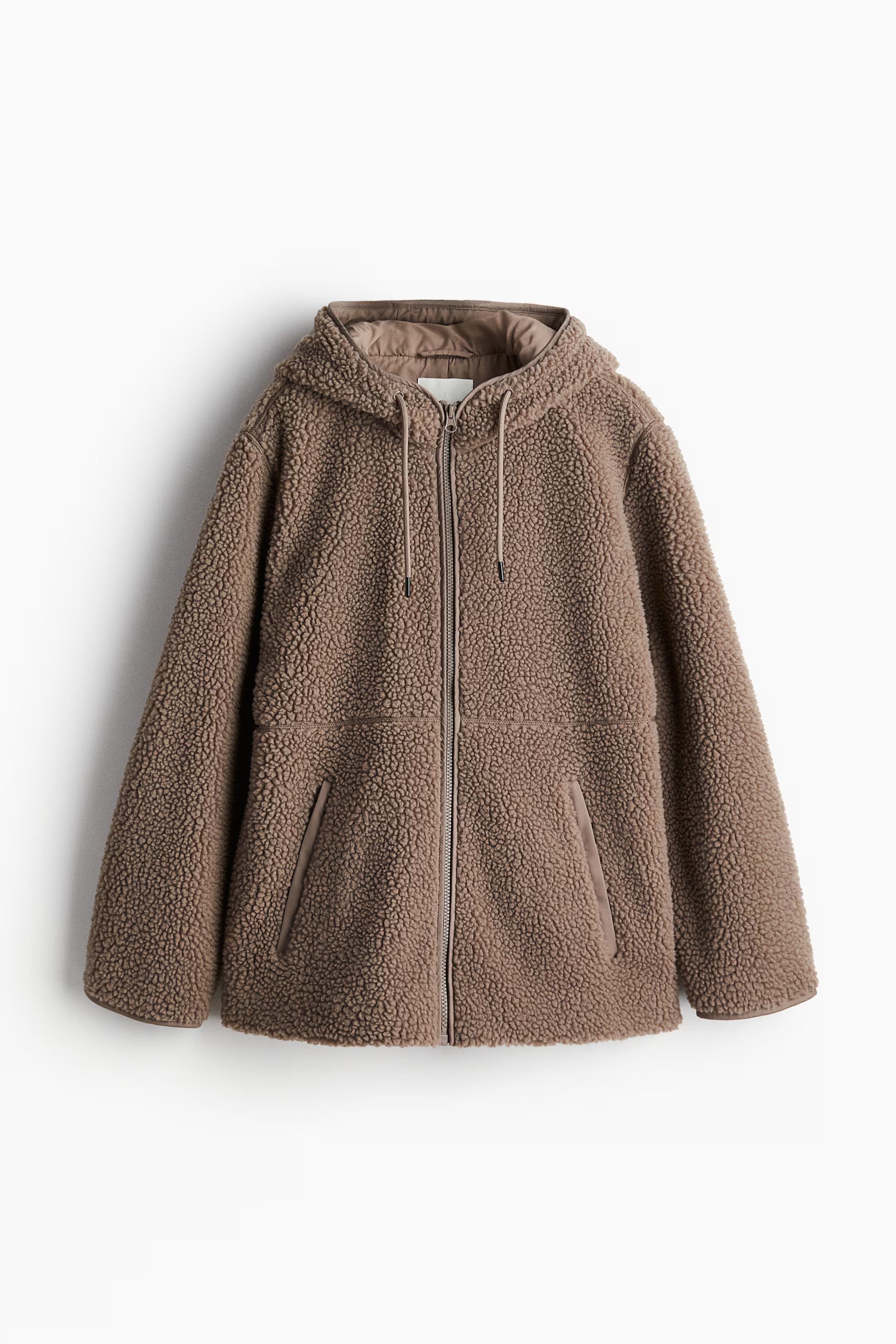 Hooded teddy jacket - Long sleeve - Regular length - Greige - Ladies | H&M GB | H&M (UK, MY, IN, SG, PH, TW, HK)