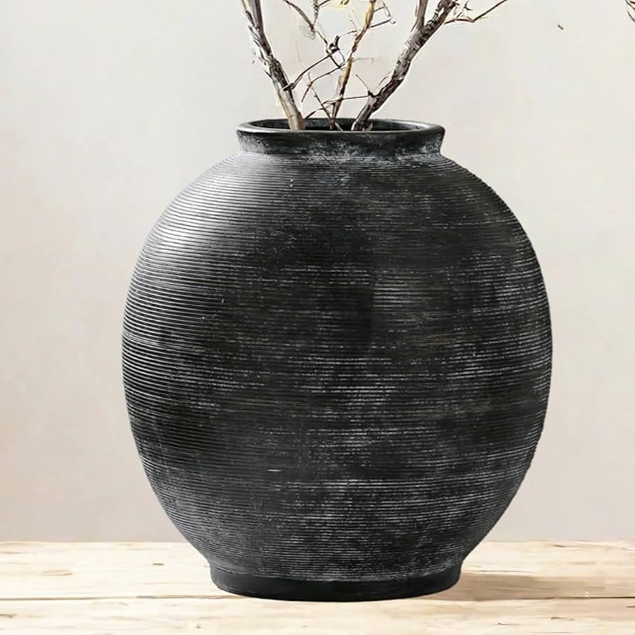 Large Black Ceramic Vase Home Decor, Round Farmhouse Table & Floor Vases Rustic Vintage Living Ro... | Amazon (US)