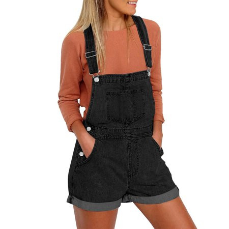 Vetinee Women s Casual Denim Bib Overalls Shorts Cuffed Hem Jeans Shortalls Black Size 2XL | Walmart (US)