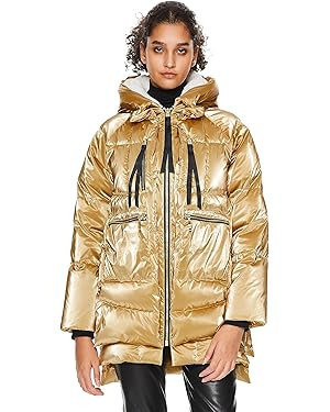 Orolay Women's Metallic Down Coat Mid-Length Puffer Jacket with Hood Long Sleeve Warm Outerwear | Amazon (US)