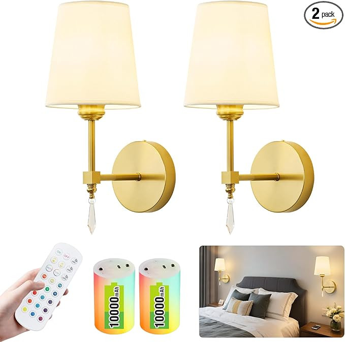 Wireless Wall sconces Set of Two,10000 Mah Battery Operated Wall Sconce with Remote,Dimmable 12 R... | Amazon (US)